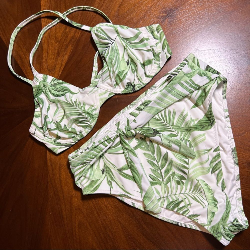 Shade & Shore Tropical Leaf Print Bikini Set medium high waist bottoms 34D top